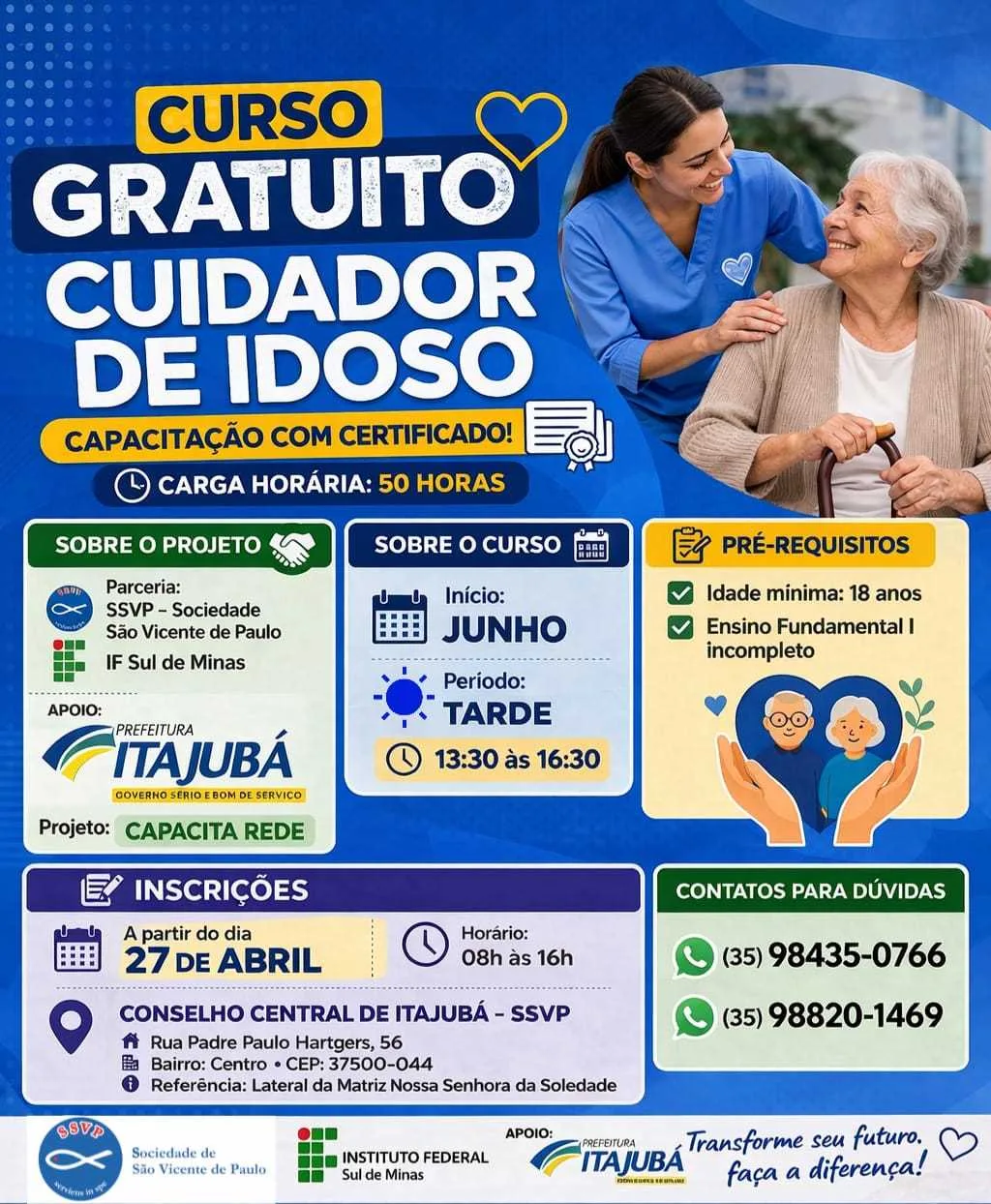 Curso gratuito de cuidador de idosos abre inscrições em Itajubá