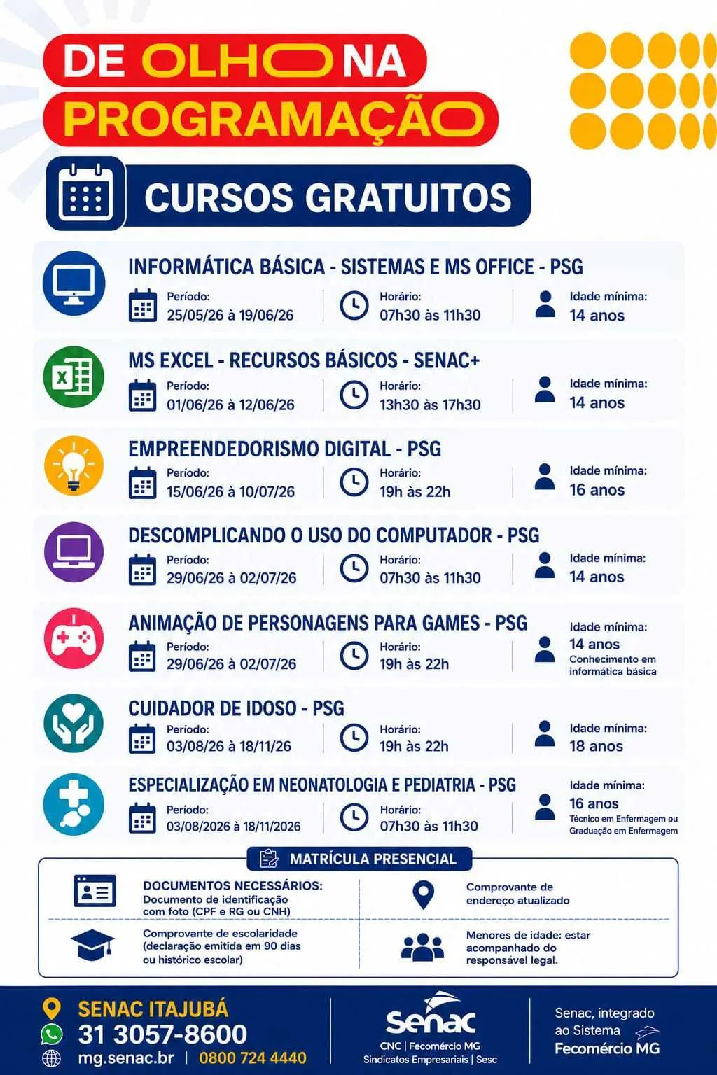 Senac Itajubá abre matrículas para cursos gratuitos de qualificação profissional