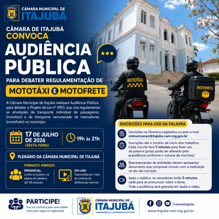 Câmara de Itajubá convoca Audiência Pública para debater regulamentação de mototáxi e motofrete