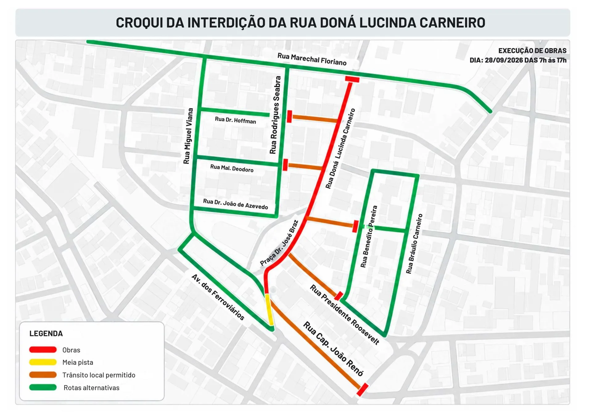 Interdição temporária de vias acontece nesta segunda-feira para execução de serviços